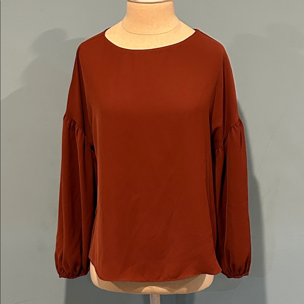 Amanda Uprichard Brown Peasant Sleeve Blouse size Small Drop Shoulder Round Neck